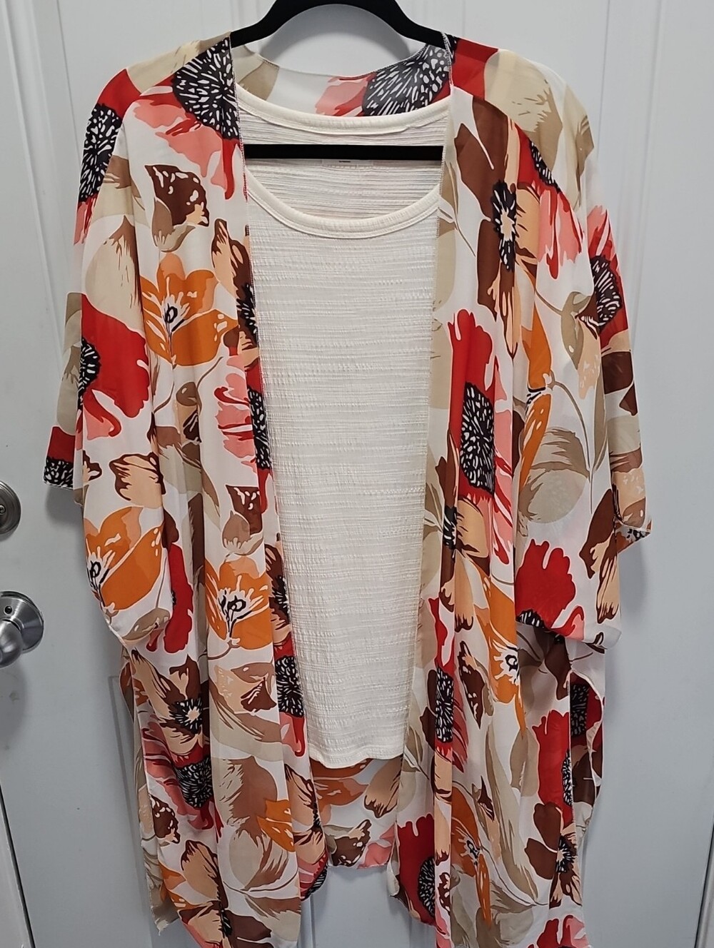 Maurices Floral Open-Front Kimono in Red, Orange & Tan
